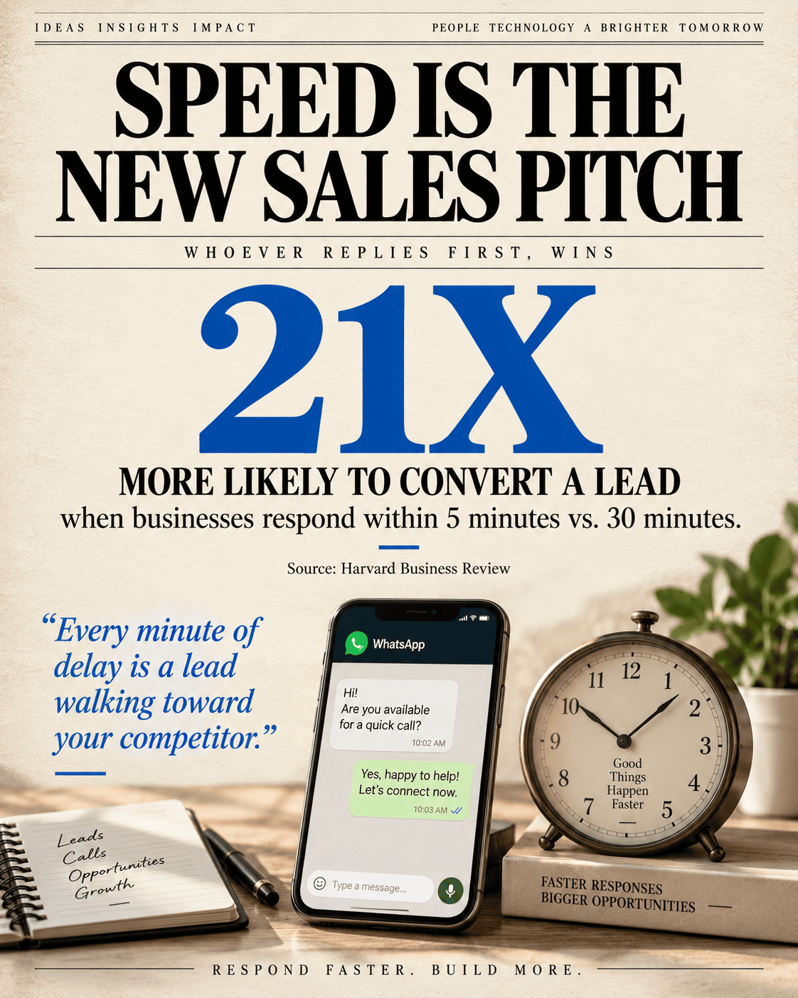 Businesses that respond within 5 minutes are 21 times more likely to convert a lead, Harvard Business Review