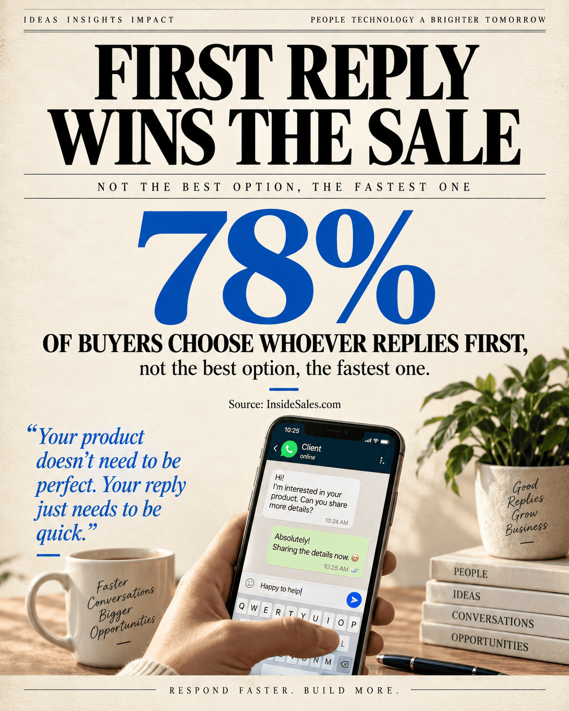 78 percent of buyers choose whoever replies first, not the best option, the fastest one, InsideSales.com